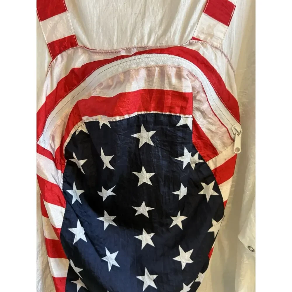 VTG 80s USA Flag Jacket Converts To Backpack Parachute Americana Stars Stripes L